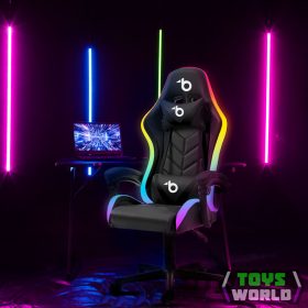 RGB LED-es gamer szék - karfával, párnával - fekete
