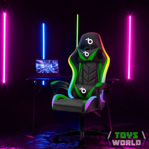 RGB LED-es gamer szék - karfával, párnával - fekete / zöld